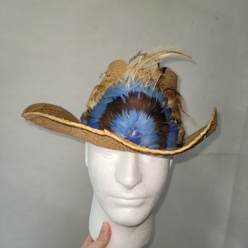 Longhorn Head Huggers Straw Hat Mens M‎ Cowboy Western Feather Rodeo Rancher